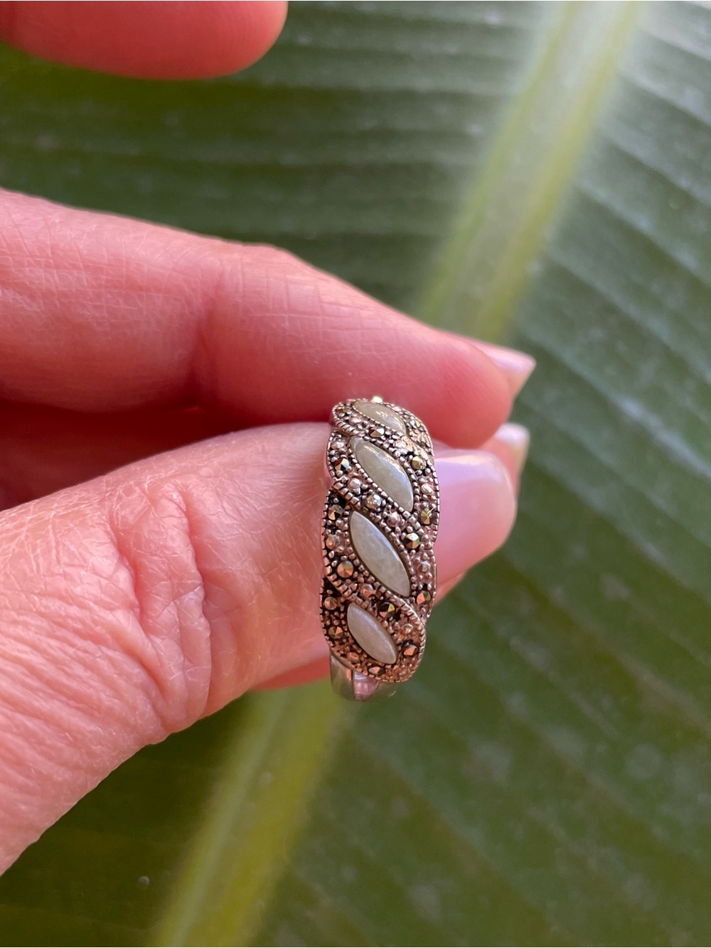 Sterling Silver Hematite Green Turquoise / Marcasite Ring